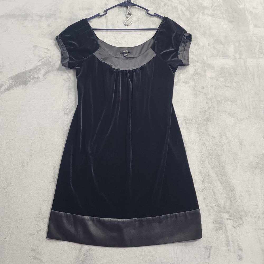 GNW Dress Womens 6 Black Velvet Satin Trim Puff Sleeve Short Shift Party Gothic